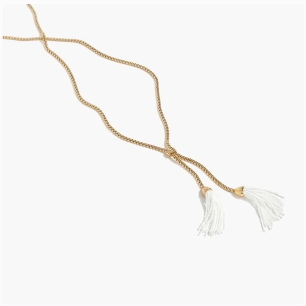 J Crew Gold tone Lariat White Double beaded white Tassel 36” Necklace adjustable